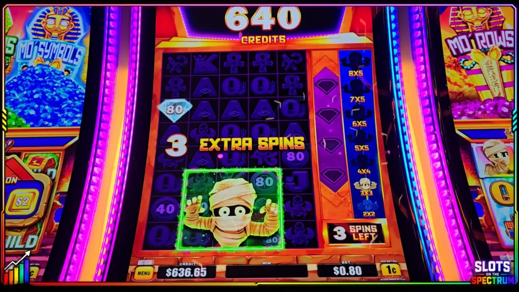 Mo’ Mo’ Mo’ Mummy bonus awarding three extra spins after diamond collection expands the feature area.