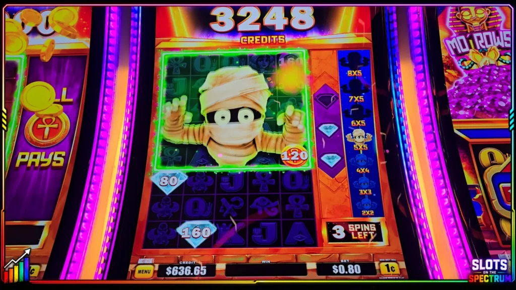 Mo’ Mo’ Mo’ Mummy Mo’ Reels bonus showing the Mo character growing as diamonds are collected.